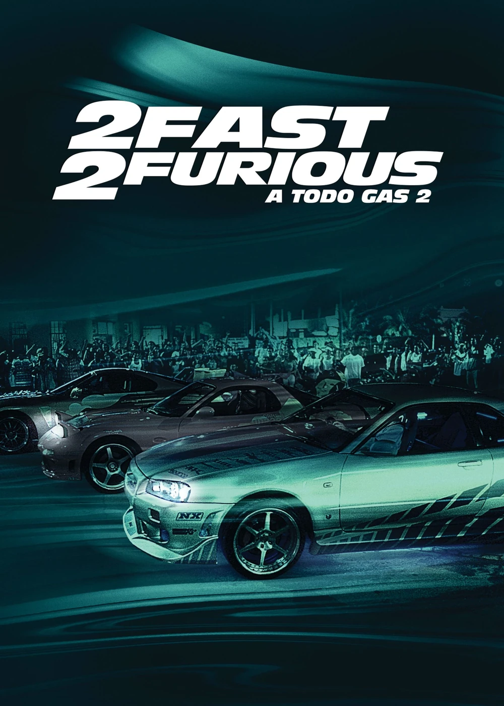 Cartel español de 2 Fast 2 Furious (A todo gas 2): un coche deportivo plateado en primer plano y otros coches detrás, en tonos verdes, bajo el título