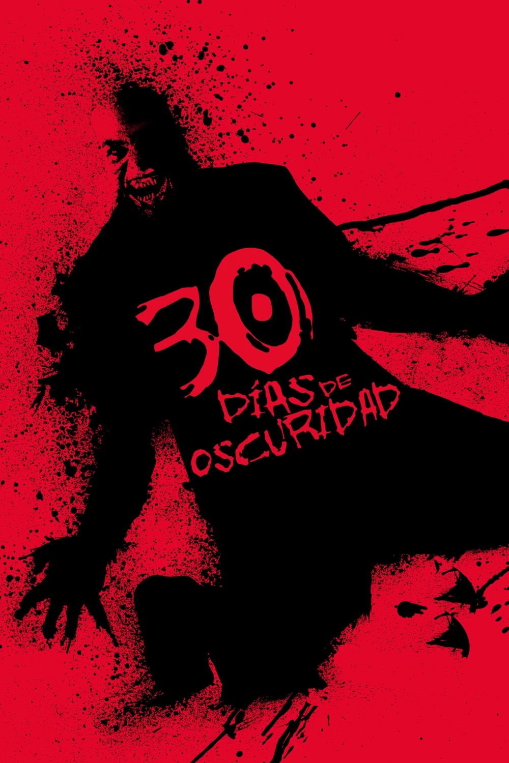 Cartel español de 30 días de oscuridad: la silueta negra de un vampiro con la boca abierta se abalanza sobre un fondo rojo salpicado, con el título en letras rojas sobre su cuerpo