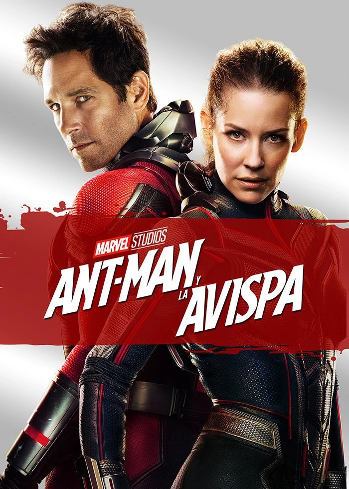 Cartel español de Ant-Man y la Avispa: Paul Rudd y Evangeline Lilly con sus trajes, sobre fondo plateado, con el título en una franja roja