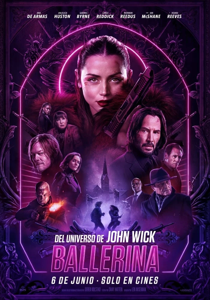 Cartel español de Ballerina: Ana de Armas con una pistola, en el centro de un arco de neón rosa, rodeada por Keanu Reeves, Ian McShane, Anjelica Huston, Norman Reedus y otros personajes; abajo, «Del universo de John Wick» y «6 de junio, solo en cines»