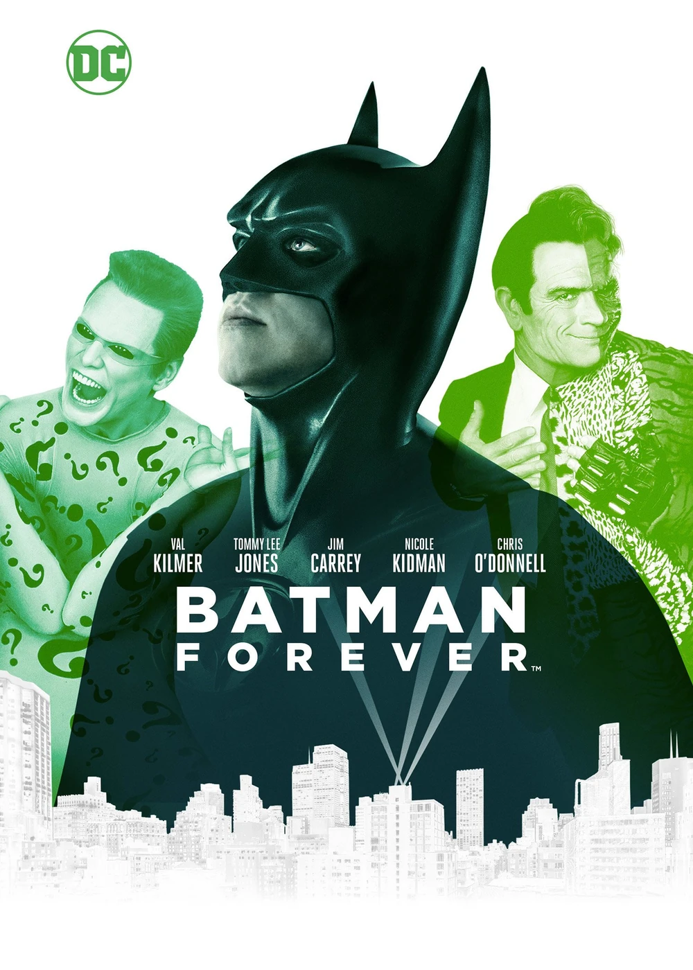 Cartel de Batman Forever: Batman, teñido de verde, entre Jim Carrey como Enigma y Tommy Lee Jones como Dos Caras, sobre una silueta de rascacielos blancos y bajo el título