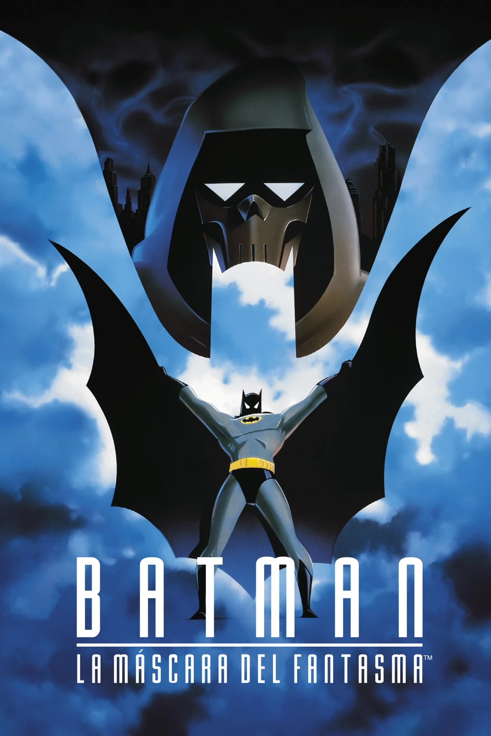 Cartel español de Batman: La máscara del fantasma: Batman con los brazos abiertos y la capa desplegada entre nubes, bajo una figura encapuchada con máscara de calavera