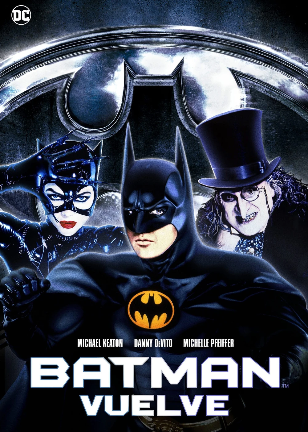 Cartel español de Batman vuelve: Batman en el centro, con Catwoman a un lado y el Pingüino con sombrero de copa al otro, ante el símbolo del murciélago