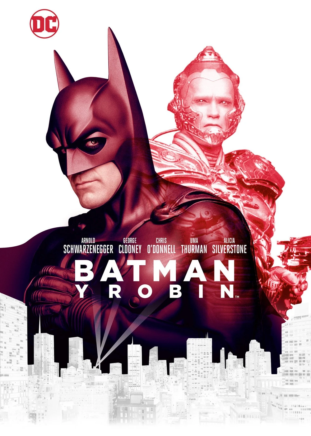 Cartel español de Batman y Robin: Batman y Míster Frío, teñidos de rojo, sobre una silueta de rascacielos blancos y bajo el título