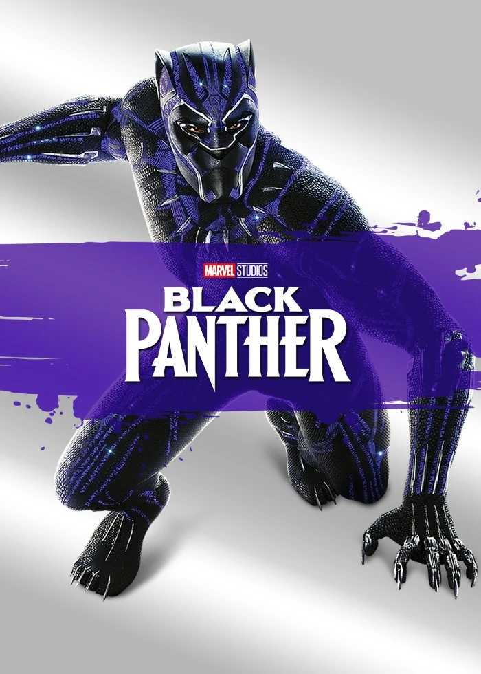 Cartel de Black Panther: el héroe, con el traje negro de detalles morados, agachado sobre un fondo plateado, con el título en una franja morada