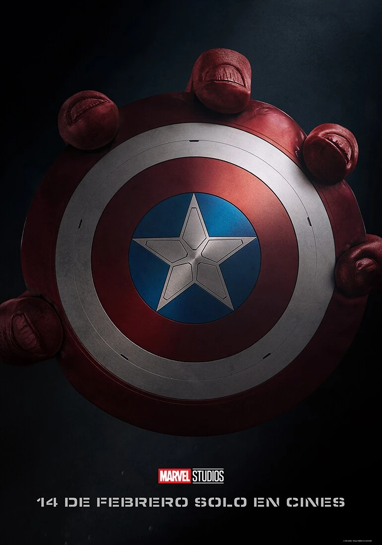 Cartel español de Capitán América: Brave New World: una enorme mano roja agarra el escudo del Capitán América sobre fondo oscuro; debajo, «14 de febrero solo en cines»
