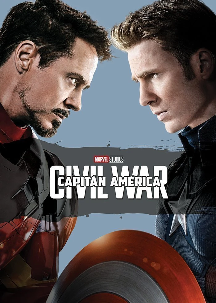 Cartel español de Capitán América: Civil War: Robert Downey Jr. y Chris Evans de perfil, frente a frente, con el escudo del Capitán América abajo y el título en una franja gris