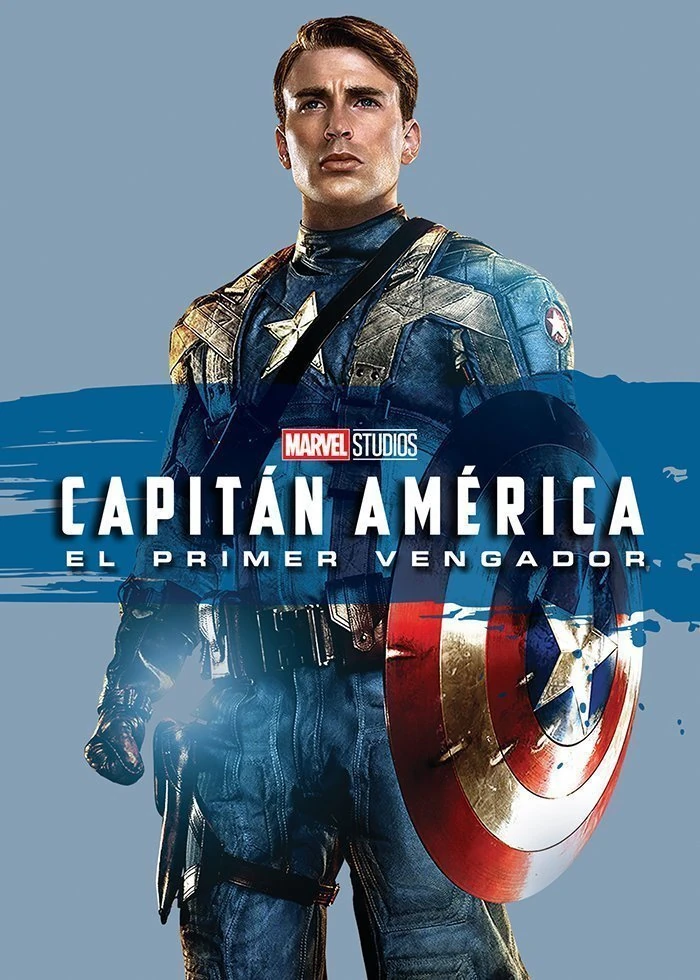 Cartel español de Capitán América: El primer vengador: Steve Rogers con el uniforme y el escudo, sobre fondo gris azulado, con el título en una franja azul