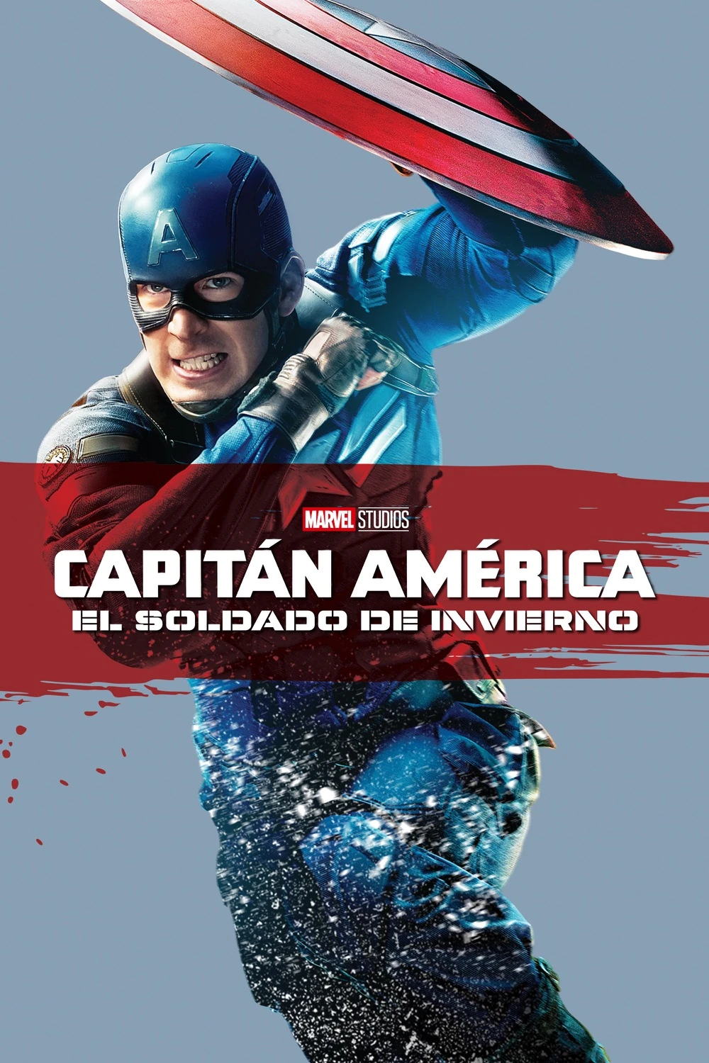 Cartel español de Capitán América: El Soldado de Invierno: Chris Evans, con casco y uniforme azul, levanta el escudo sobre un fondo gris azulado; en el centro, una franja roja con el título