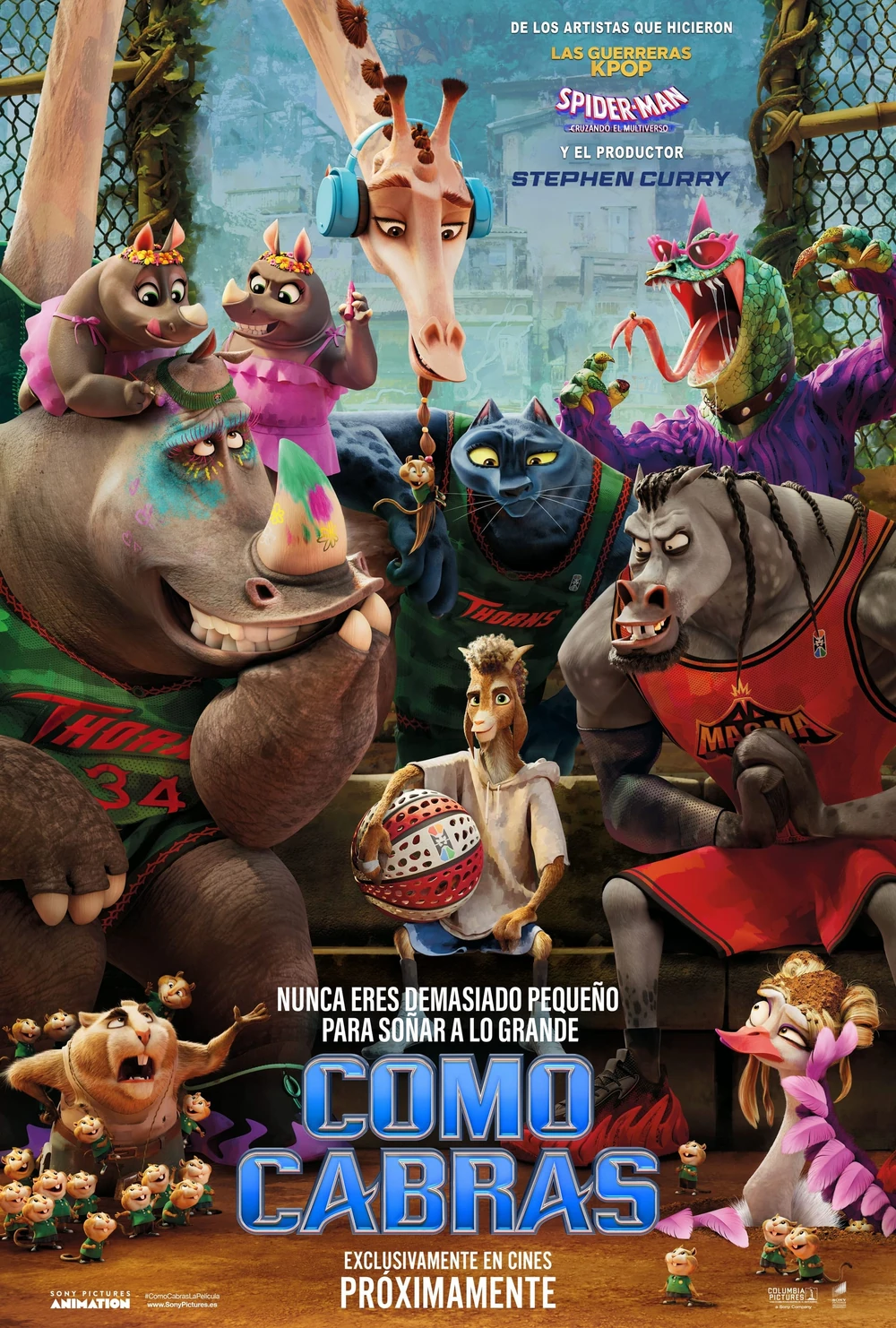 Cartel español de Como cabras: la cabra Will, con un balón en las manos, sentada entre los jugadores del equipo, un rinoceronte, una pantera, una jirafa, un caballo y un reptil, en una cancha rodeada de verja