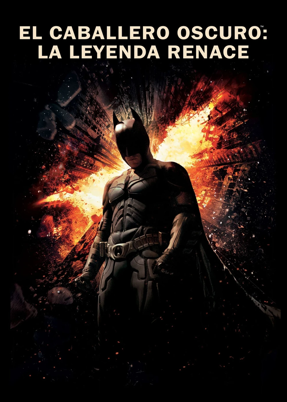 Cartel español de El caballero oscuro: La leyenda renace: Batman, de pie y cabizbajo, ante una explosión con forma de murciélago; arriba, el título