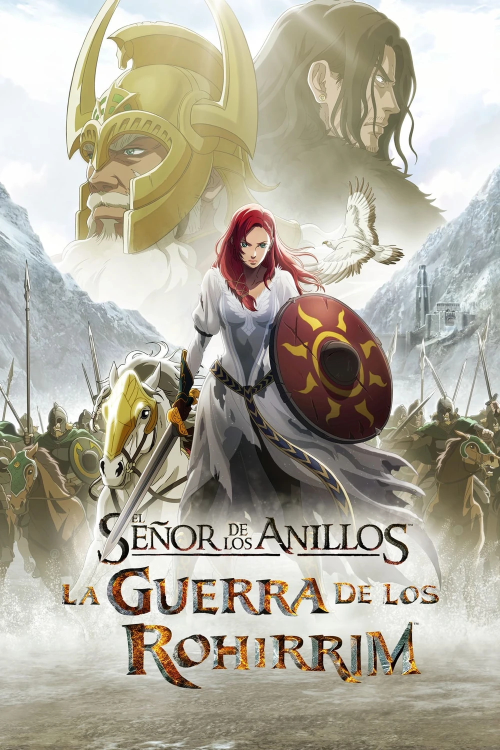 Cartel en español de El Señor de los Anillos: La guerra de los Rohirrim, en animación: el rey Helm con yelmo dorado en lo alto y, delante, Héra a caballo con un escudo con un sol, entre jinetes y montañas nevadas