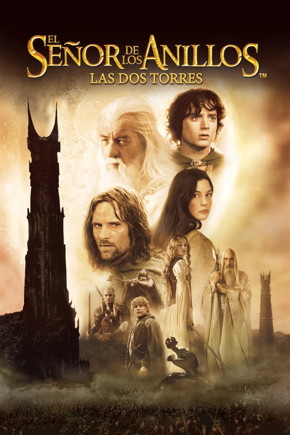 Cartel en español de El Señor de los Anillos: Las dos torres: los rostros de Gandalf, Frodo, Aragorn, Arwen y otros personajes junto a una torre negra, sobre un fondo dorado