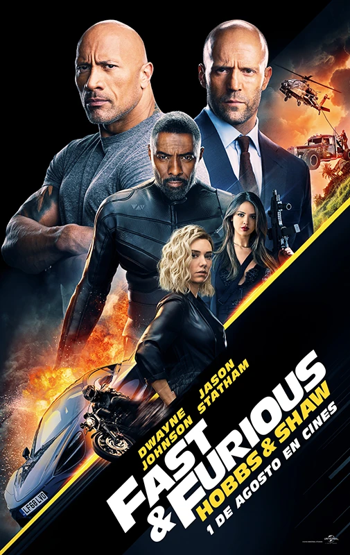 Cartel español de Fast & Furious: Hobbs & Shaw: Dwayne Johnson y Jason Statham arriba, Idris Elba en el centro y Vanessa Kirby y Eiza González delante, con una moto, un helicóptero y un camión en llamas alrededor