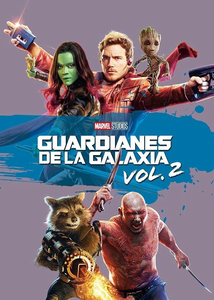 Cartel español de Guardianes de la Galaxia Vol. 2: Gamora, Peter Quill y Baby Groot arriba, Rocket y Drax abajo, con el título sobre una franja azul