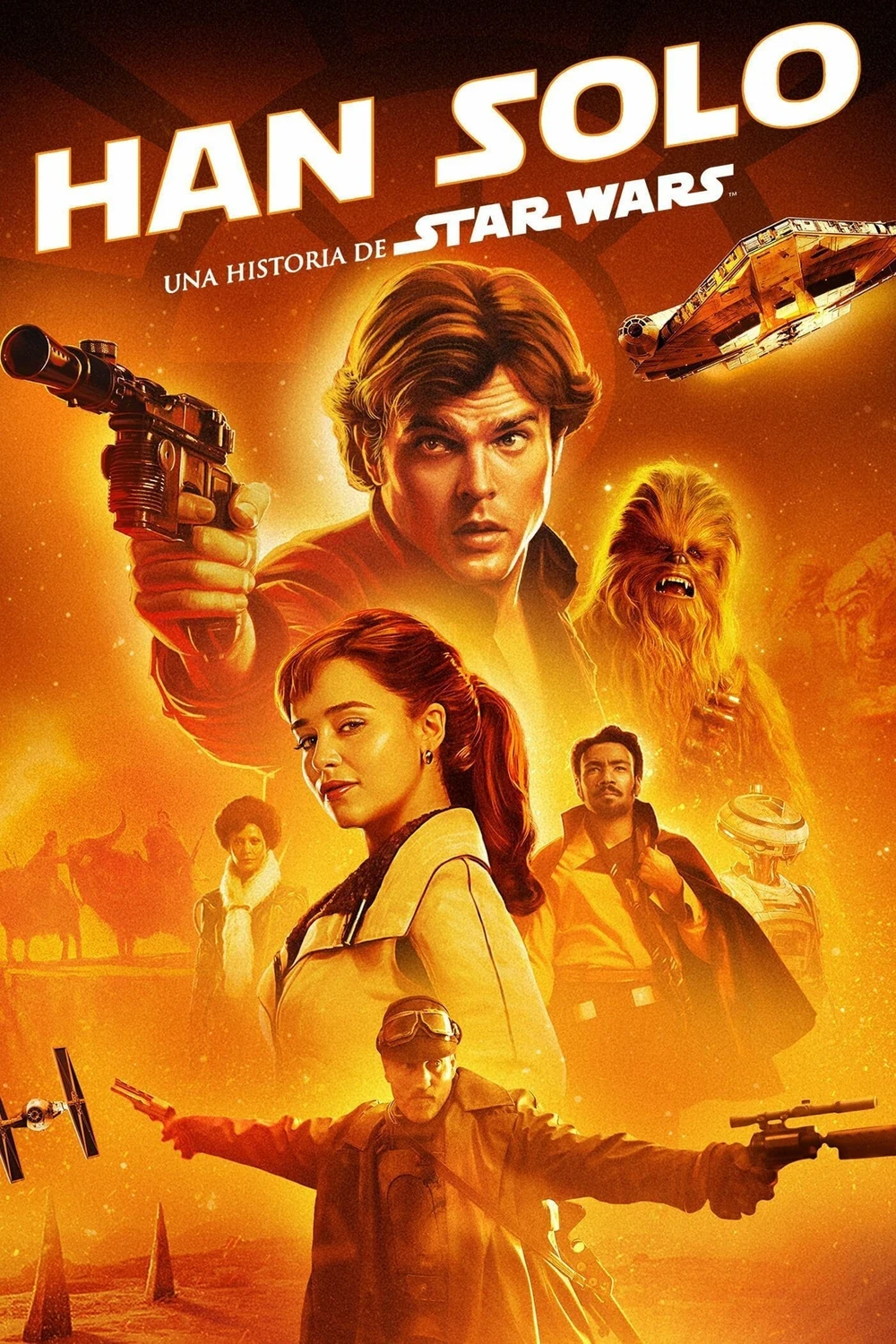 Cartel español de Han Solo: Una historia de Star Wars, en tonos anaranjados: Han Solo empuñando un bláster, Chewbacca, Qi'ra y Lando Calrissian, con el Halcón Milenario arriba a la derecha