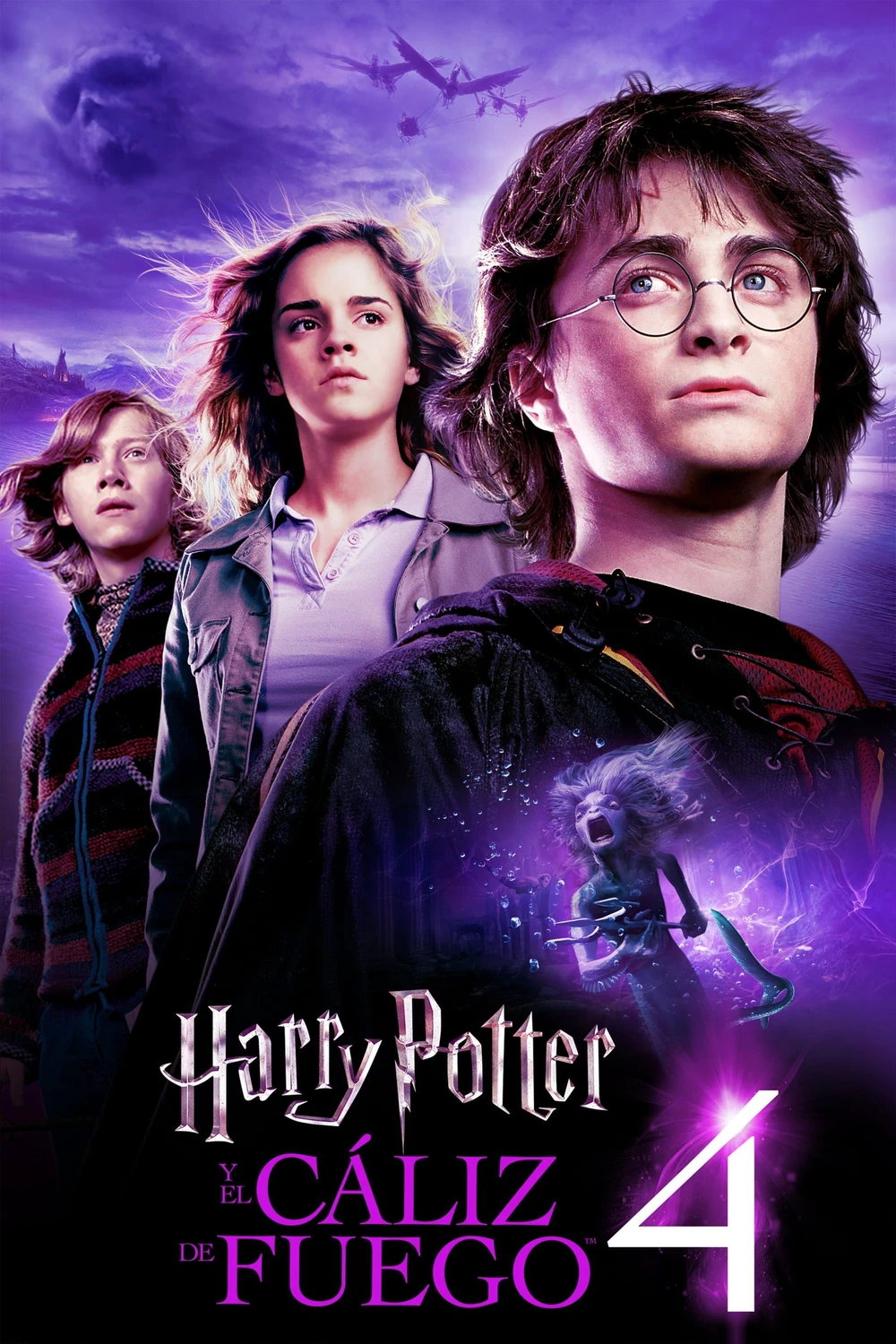 Cartel español de Harry Potter y el cáliz de fuego: Harry, Hermione y Ron sobre un fondo morado con un lago y un barco, y un gran «4» junto al título