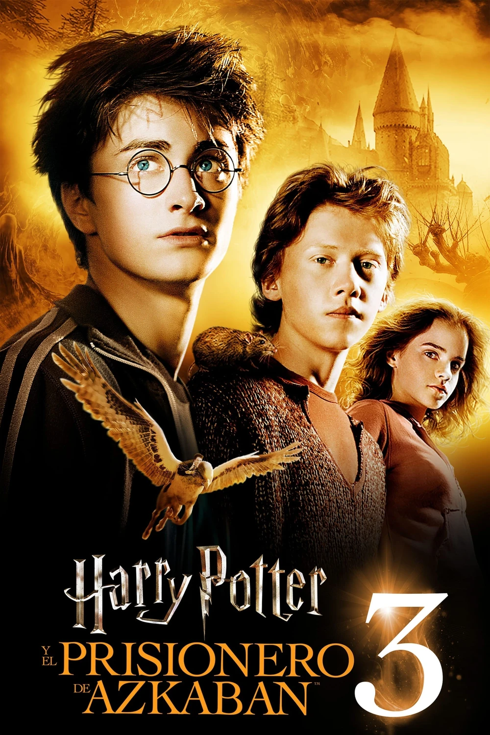 Cartel español de Harry Potter y el prisionero de Azkaban: Harry, Ron y Hermione ante un cielo anaranjado con el castillo de Hogwarts, una criatura alada en primer plano y un gran «3» junto al título