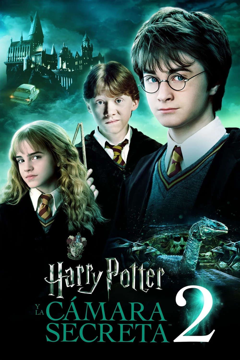 Cartel español de Harry Potter y la cámara secreta: Harry, Ron y Hermione con uniforme de Hogwarts en primer plano, un coche volador y el castillo al fondo, y una serpiente bajo el título con un gran «2»