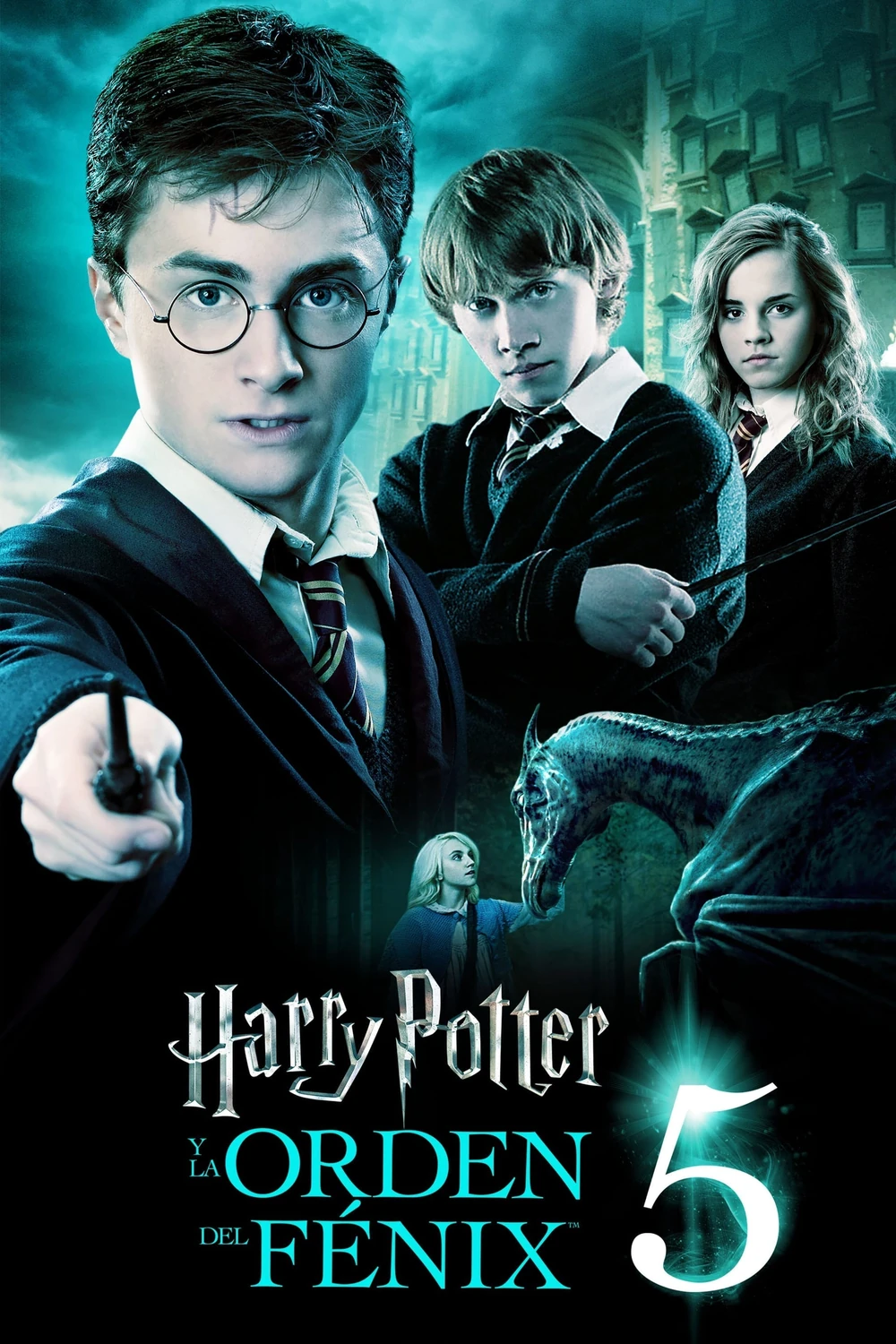 Cartel español de Harry Potter y la Orden del Fénix: Harry apunta con su varita en primer plano, con Ron y Hermione detrás, una criatura parecida a un caballo esquelético y un gran «5» junto al título
