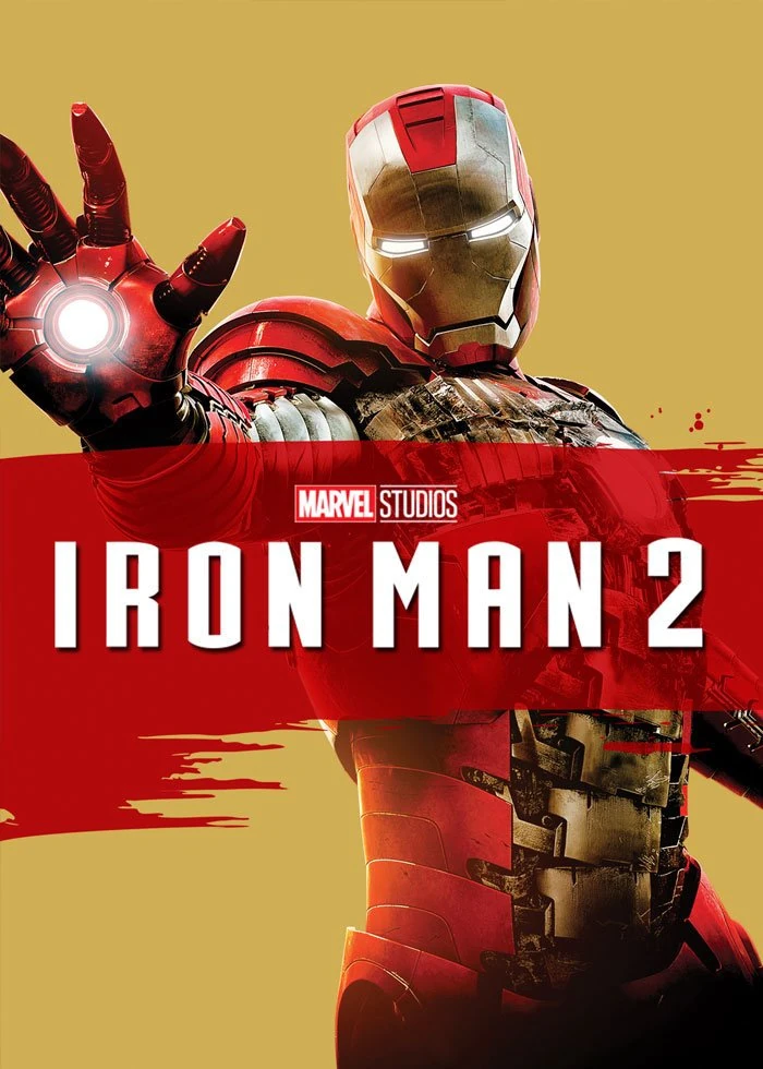 Cartel de Iron Man 2: Iron Man extiende la mano con la palma iluminada, sobre fondo ocre y una pincelada roja con el título
