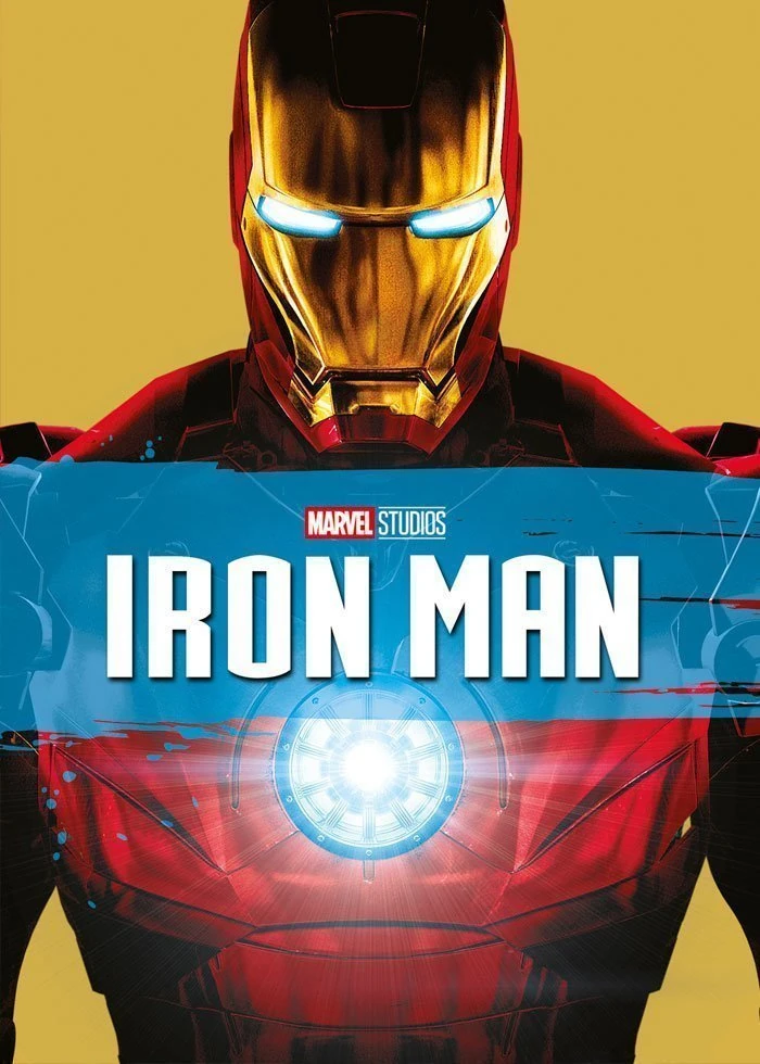 Cartel de Iron Man: el casco rojo y dorado de la armadura sobre fondo amarillo, con el título en una franja azul y el reactor del pecho iluminado debajo