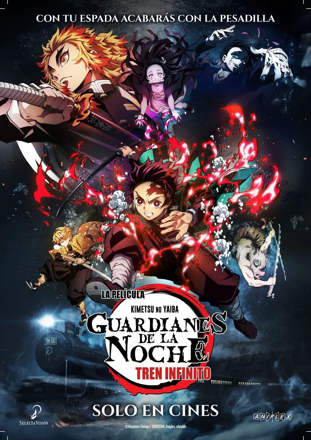 Cartel español de Guardianes de la Noche: Tren Infinito, con Tanjiro en el centro rodeado de llamas rojas, Rengoku empuñando su espada arriba a la izquierda, Nezuko, Zenitsu e Inosuke alrededor y una locomotora de vapor al fondo