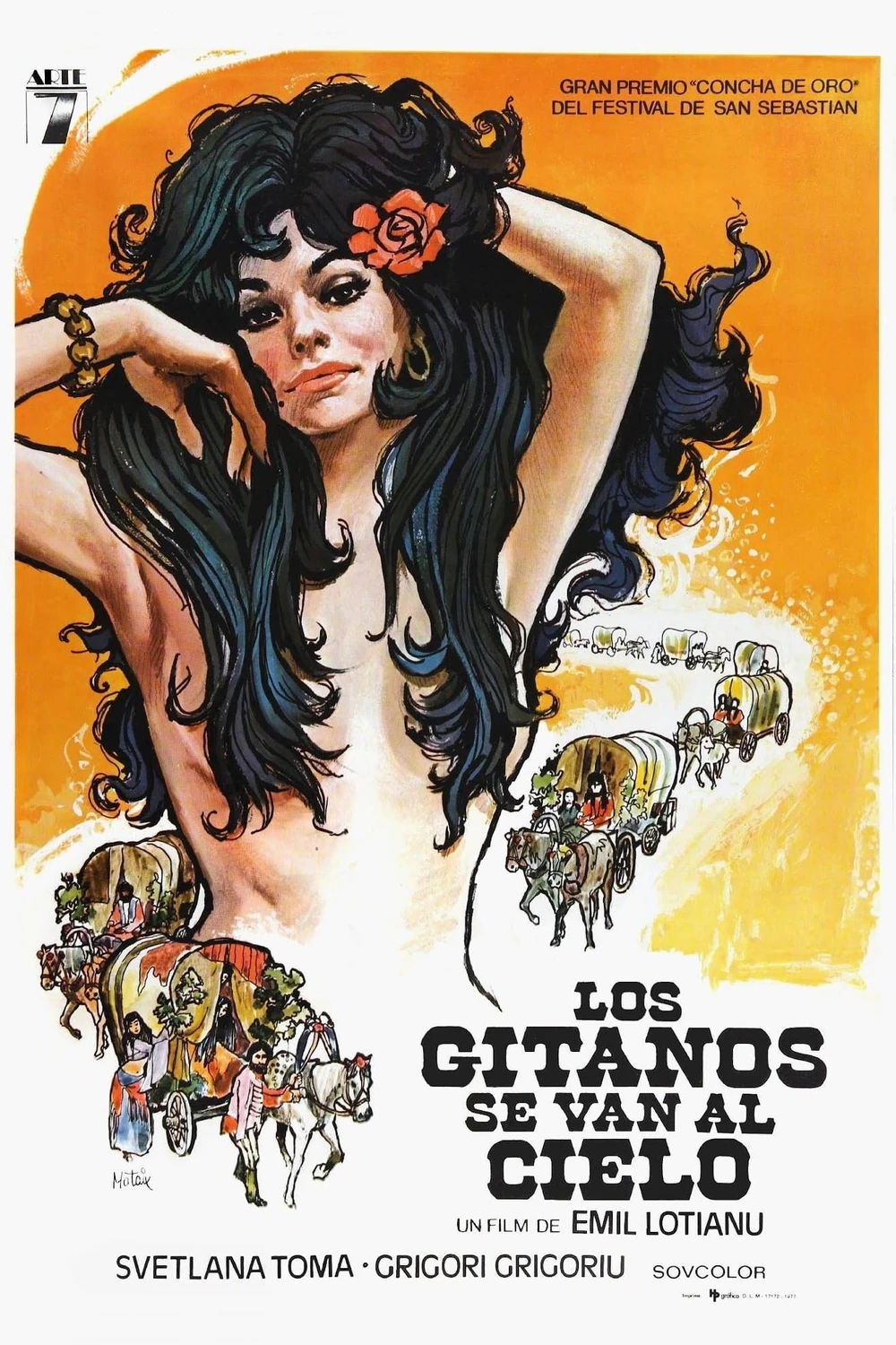 Cartel español ilustrado: una gitana de larga melena negra con una flor roja en el pelo, sobre fondo naranja, con una fila de carromatos y jinetes y la mención a la Concha de Oro del Festival de San Sebastián