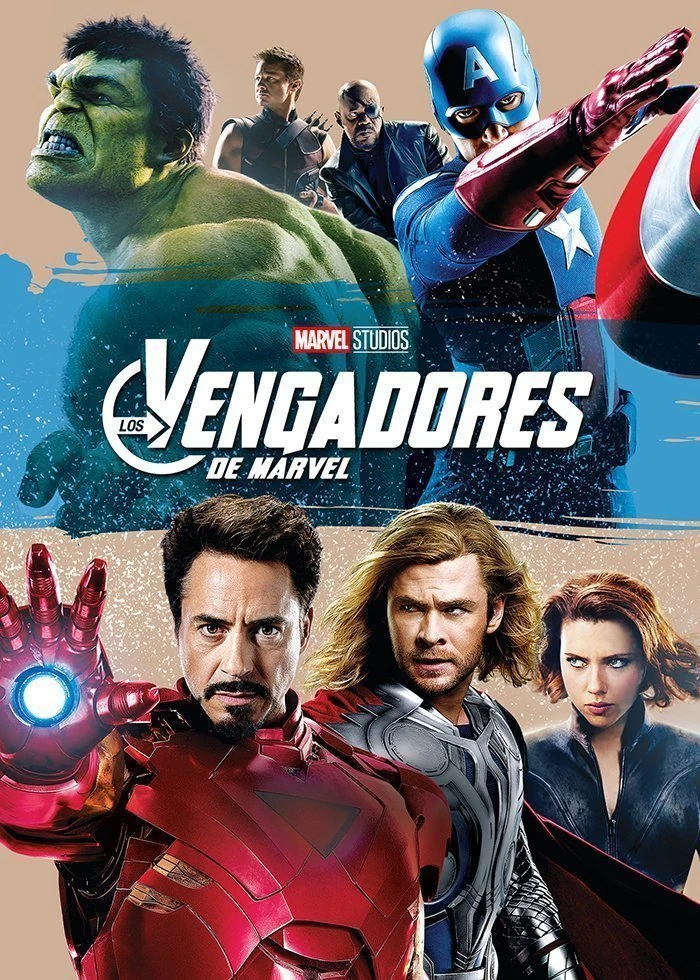 Cartel español de Los Vengadores: Hulk, el Capitán América, Iron Man, Thor, la Viuda Negra y otros miembros del equipo alrededor del título «Los Vengadores de Marvel»