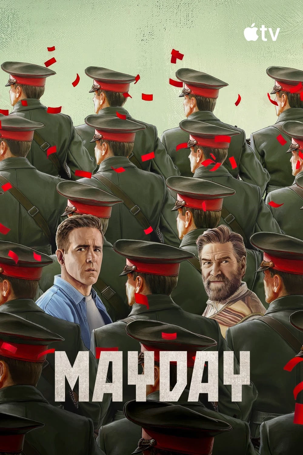 Cartel de Mayday, ilustrado: Ryan Reynolds, con camisa vaquera, y Kenneth Branagh, con barba, asoman entre filas de soldados de espaldas con gorra de plato roja, bajo una lluvia de confeti rojo