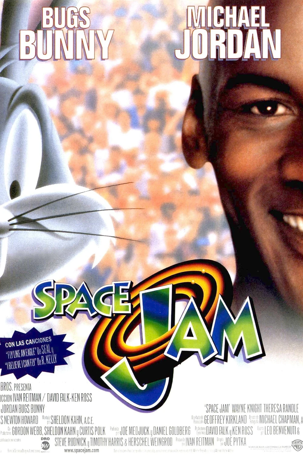 Cartel español de Space Jam: medio rostro de Bugs Bunny a la izquierda y medio rostro sonriente de Michael Jordan a la derecha, sobre una grada de público y con el logotipo de la película en el centro