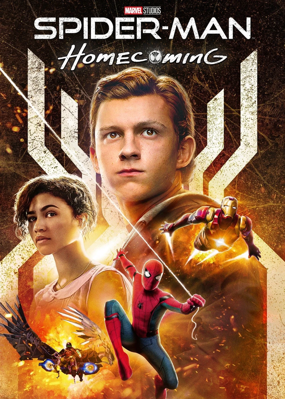 Cartel de Spider-Man: Homecoming: Tom Holland y Zendaya en primer plano, con Spider-Man, Iron Man y un personaje con alas mecánicas volando entre chispas