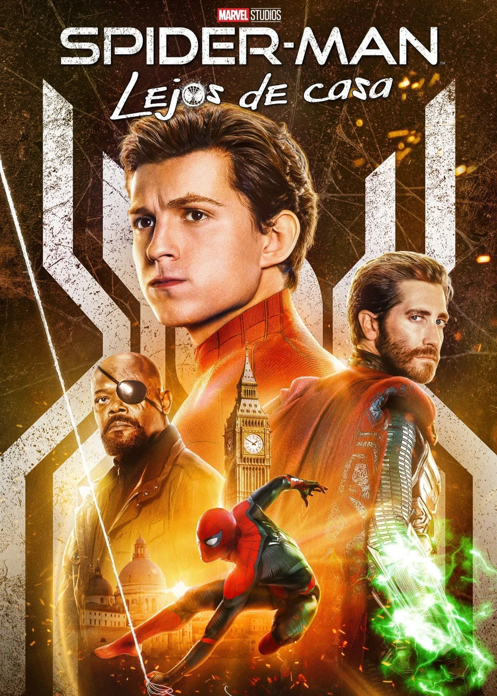 Cartel español de Spider-Man: Lejos de casa: Tom Holland, Jake Gyllenhaal y Samuel L. Jackson junto a Spider-Man en pleno salto, con el Big Ben al fondo