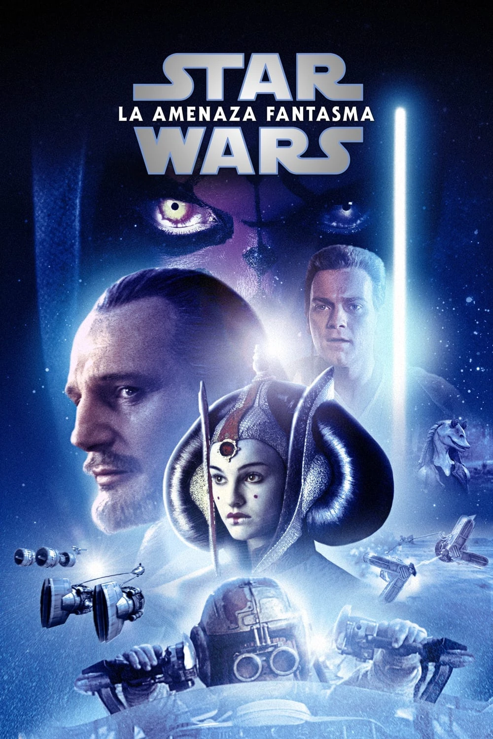 Cartel español de Star Wars: La amenaza fantasma, en tonos azules: los ojos de Darth Maul en lo alto, Qui-Gon Jinn, Obi-Wan Kenobi y la reina Amidala en el centro, y el pequeño Anakin con casco de piloto al pie