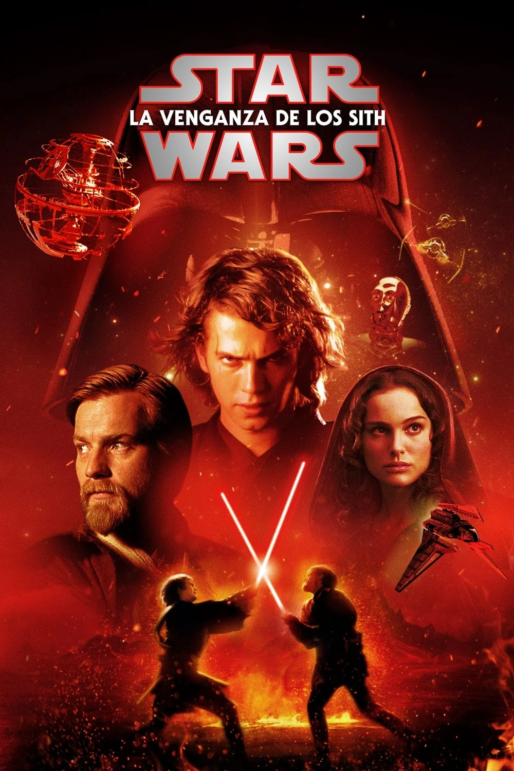 Cartel español de Star Wars: La venganza de los Sith, en tonos rojos: Anakin Skywalker entre Obi-Wan Kenobi y Padmé Amidala, y abajo dos figuras que cruzan sables de luz entre llamas