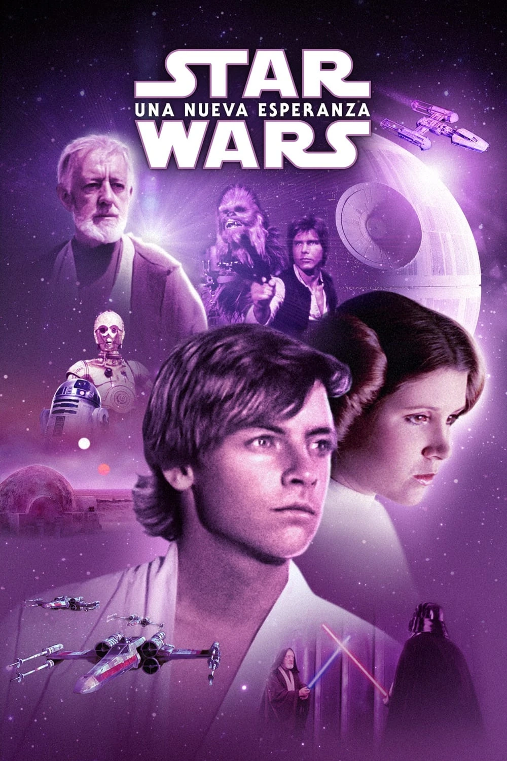 Cartel español de Star Wars: Una nueva esperanza, en tonos violetas: Luke Skywalker y la princesa Leia en primer plano, con Obi-Wan Kenobi, Chewbacca, Han Solo, C-3PO, R2-D2 y la Estrella de la Muerte detrás
