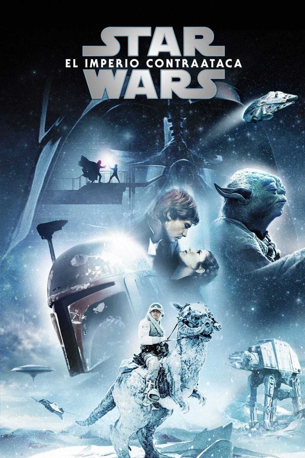 Cartel español de Star Wars: El Imperio contraataca, en tonos azules y blancos: Luke Skywalker a lomos de un tauntaun en la nieve, Han Solo y Leia abrazados, Yoda y caminantes imperiales