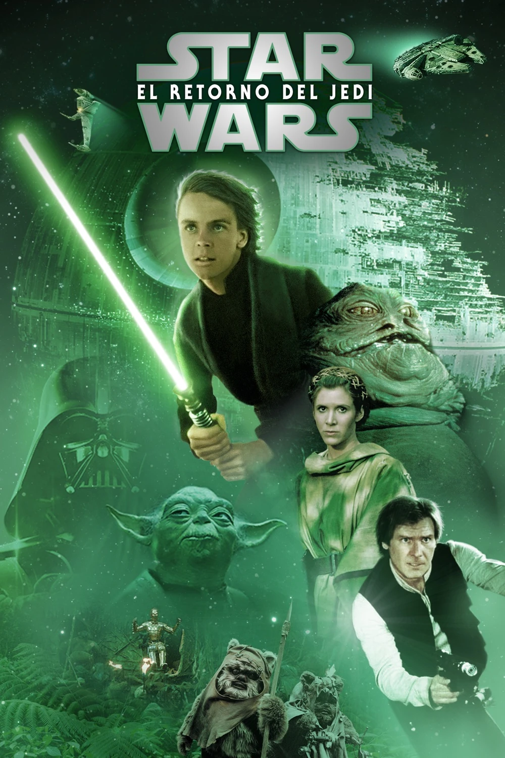 Cartel español de Star Wars: El retorno del Jedi, en tonos verdes: Luke Skywalker con un sable de luz verde, Jabba, Leia, Han Solo, Yoda y un ewok, ante la Estrella de la Muerte y el casco de Darth Vader