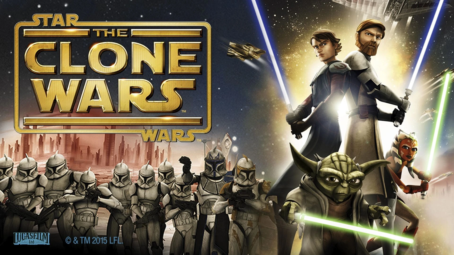 Arte de Star Wars: The Clone Wars: Anakin Skywalker, Obi-Wan Kenobi, Yoda y Ahsoka Tano con los sables de luz encendidos delante de una fila de soldados clon, junto al logotipo de la película