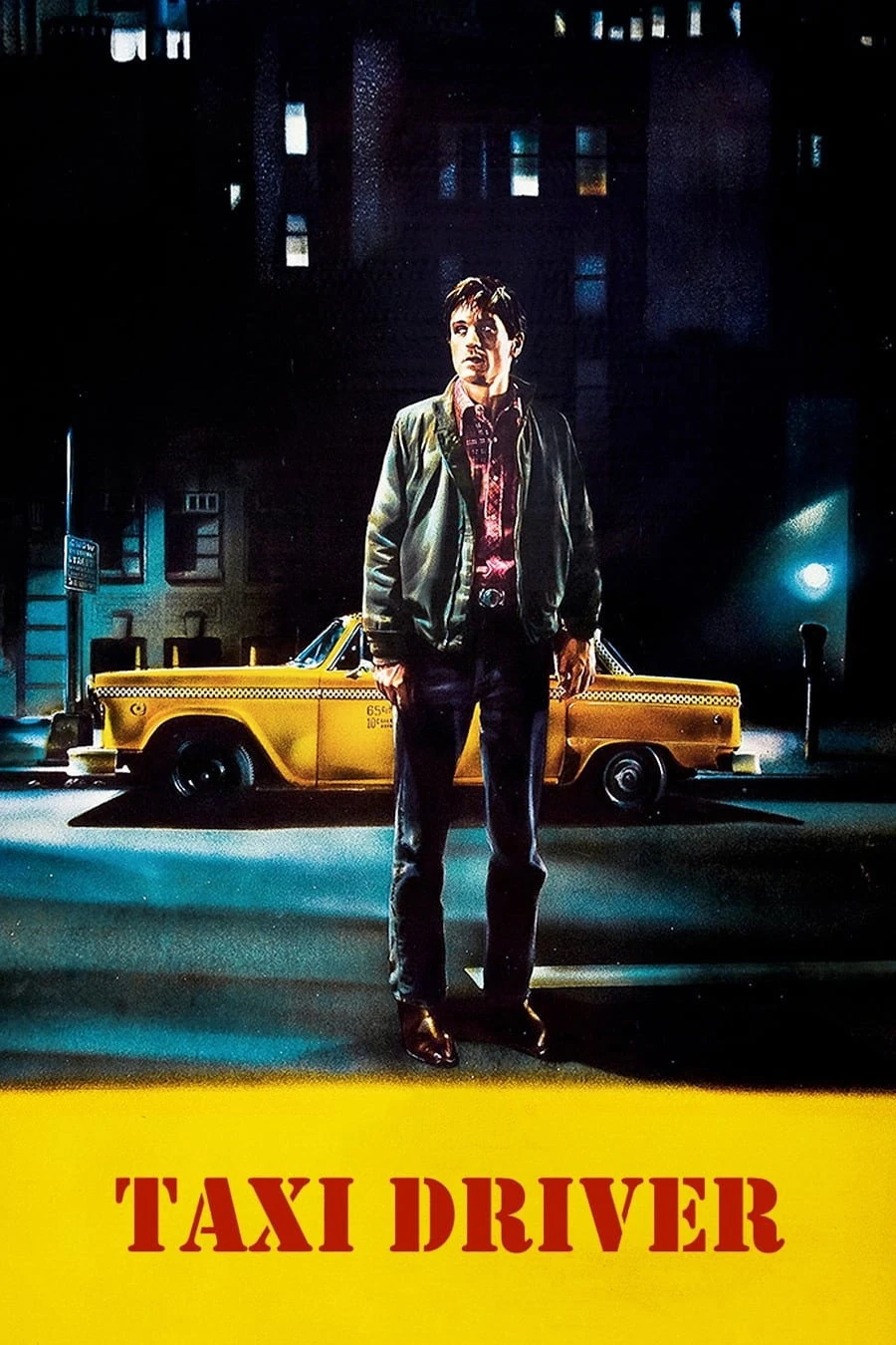 Cartel de Taxi Driver: Robert De Niro, con cazadora y vaqueros, camina de noche por una acera de Nueva York junto a un taxi amarillo, con el título en rojo sobre una franja amarilla
