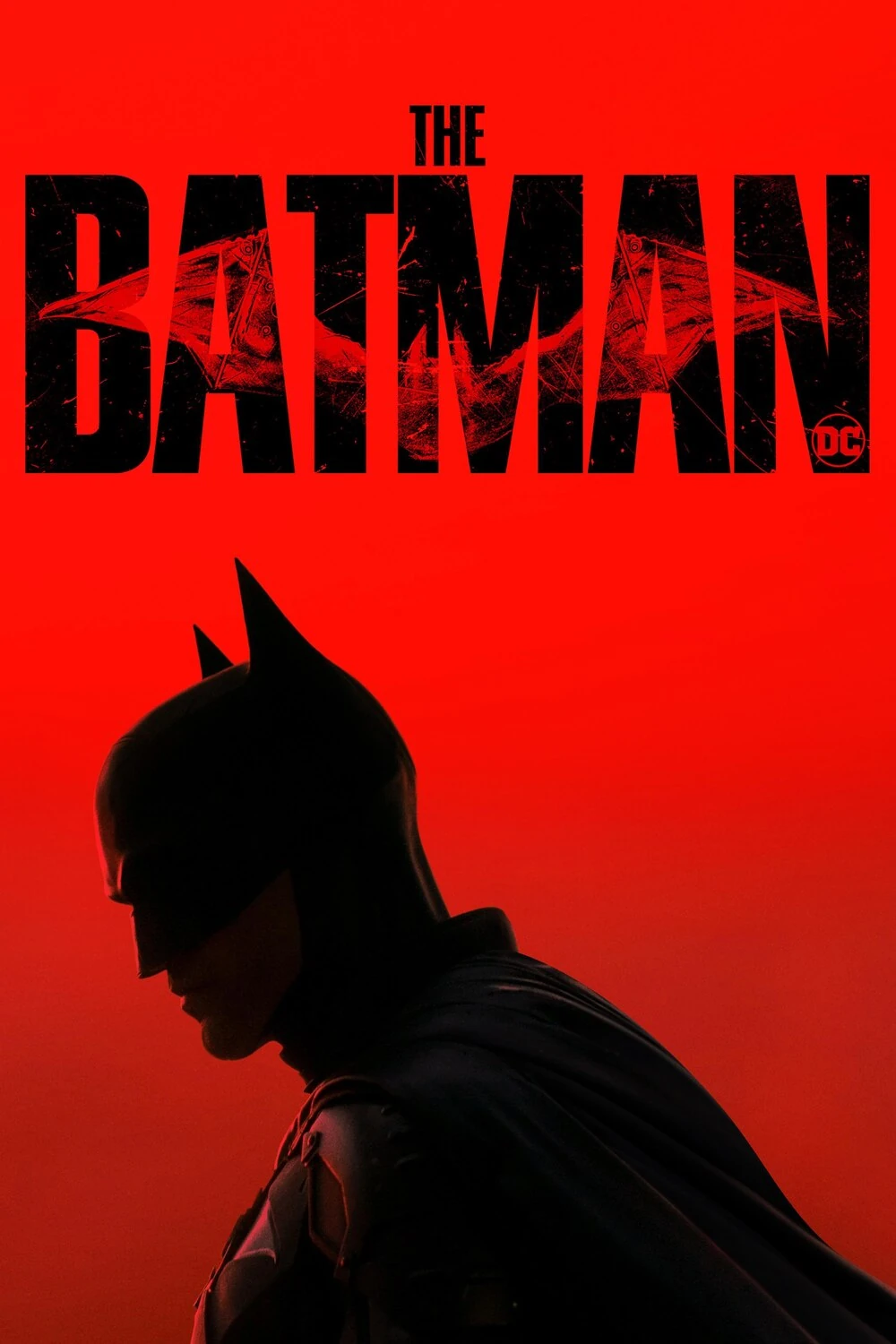 Cartel de The Batman: la silueta de Batman de perfil, con la capucha puesta, sobre un fondo rojo; arriba, el título