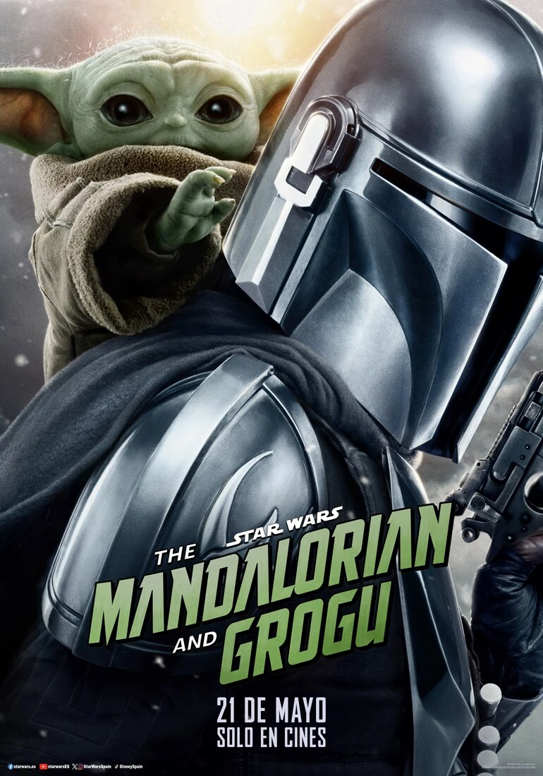 Cartel español de The Mandalorian and Grogu: el Mandaloriano de espaldas, con el casco plateado girado hacia la izquierda, y Grogu asomado sobre su hombro con la mano extendida; abajo, el título y «21 de mayo, solo en cines»