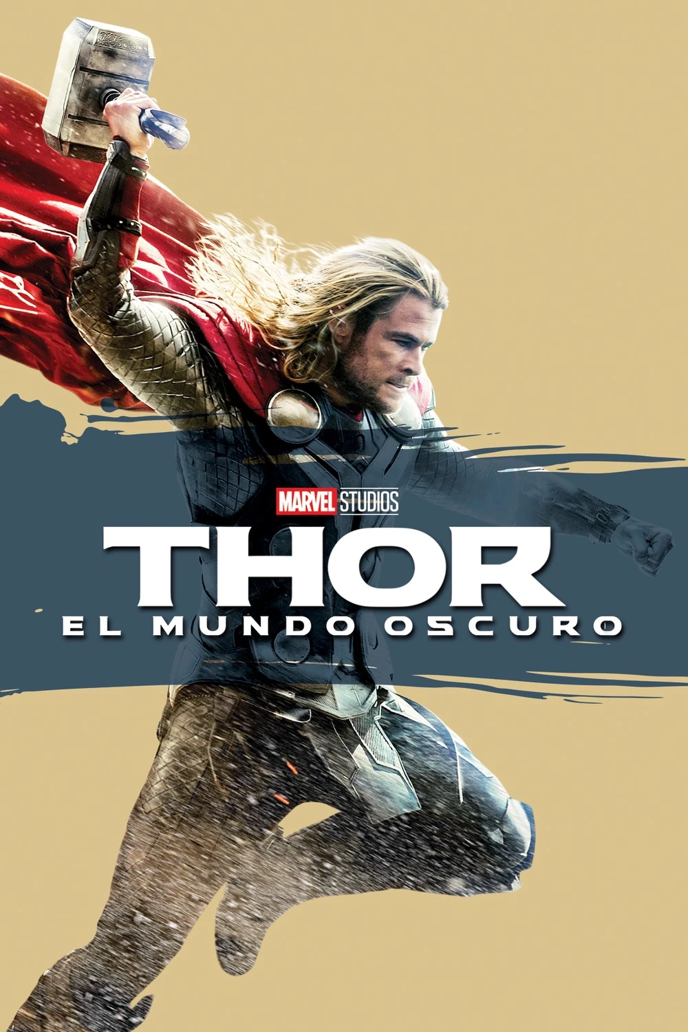 Cartel español de Thor: El mundo oscuro: Chris Hemsworth como Thor, con capa roja, salta con el martillo en alto sobre un fondo ocre; en el centro, una franja gris con el título