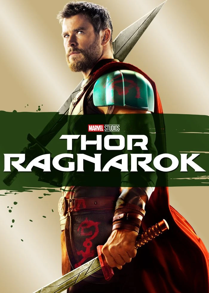 Cartel de Thor: Ragnarok: Chris Hemsworth como Thor, con una espada al hombro y otra en la mano, y el título sobre una franja verde