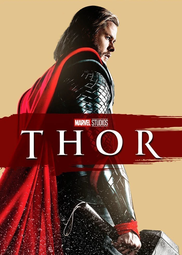 Cartel de Thor: Thor, con armadura y capa roja y el martillo en la mano, mira hacia un lado sobre fondo claro y una pincelada roja con el título