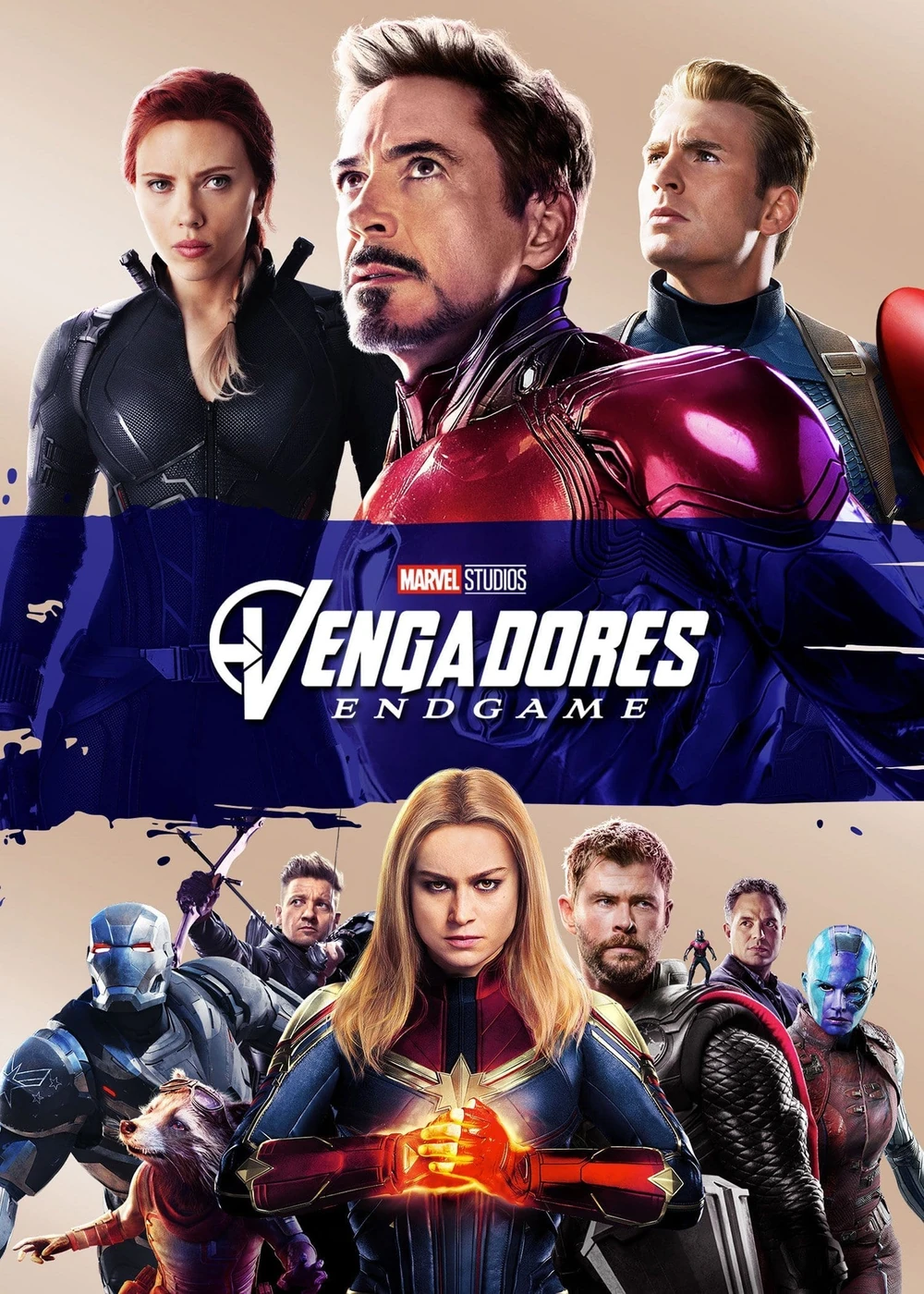 Cartel español de Vengadores: Endgame: la Viuda Negra, Iron Man y el Capitán América sobre el título y, debajo, Capitana Marvel entre otros Vengadores