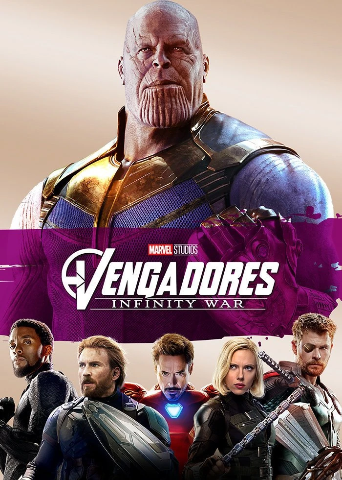 Cartel español de Vengadores: Infinity War: Thanos arriba, el título en una franja morada y, debajo, Black Panther, el Capitán América, Iron Man, la Viuda Negra y Thor