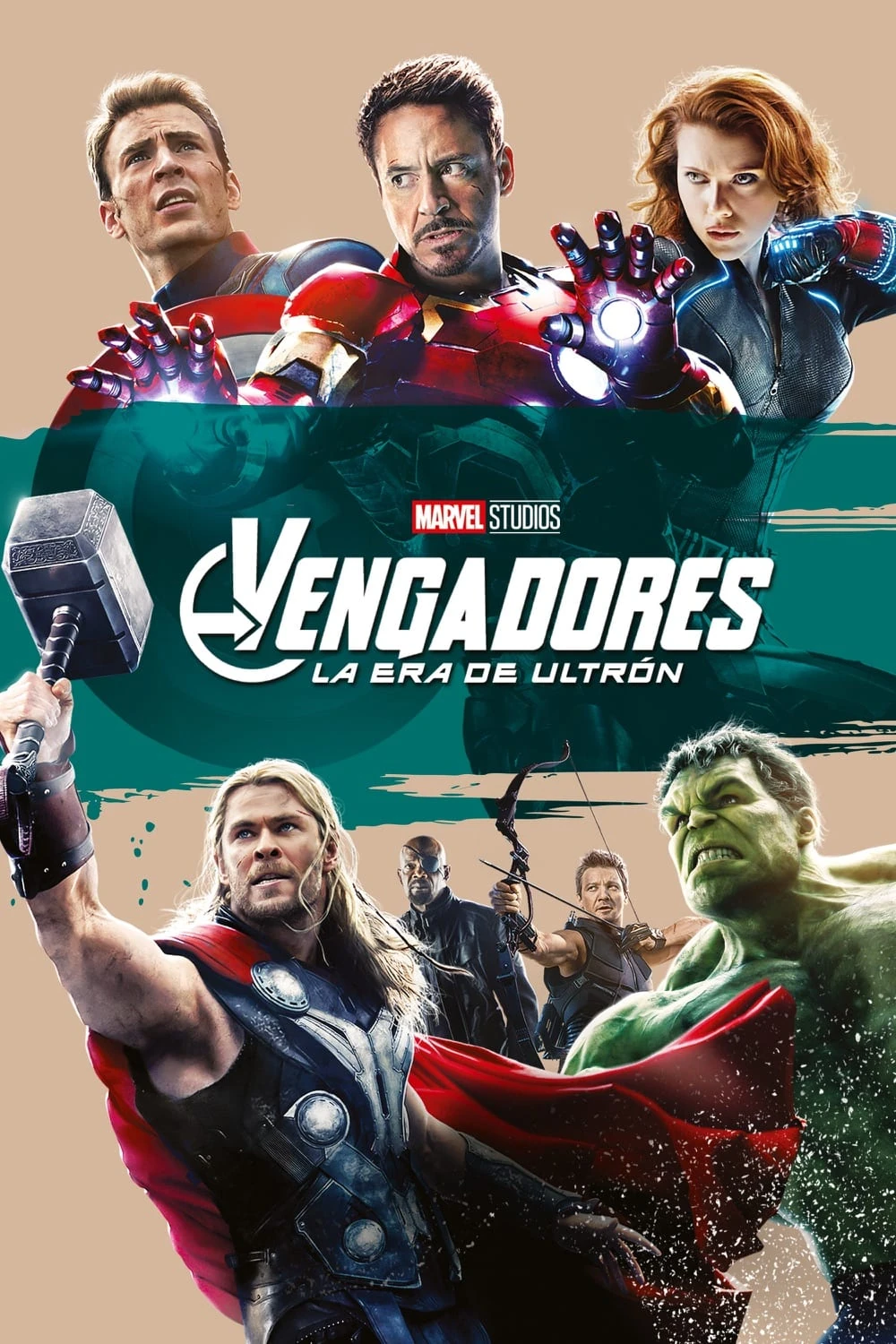 Cartel español de Vengadores: La era de Ultrón: arriba, el Capitán América, Iron Man y la Viuda Negra; abajo, Thor con el martillo, Nick Fury, Ojo de Halcón con el arco y Hulk; en el centro, una franja verde con el título