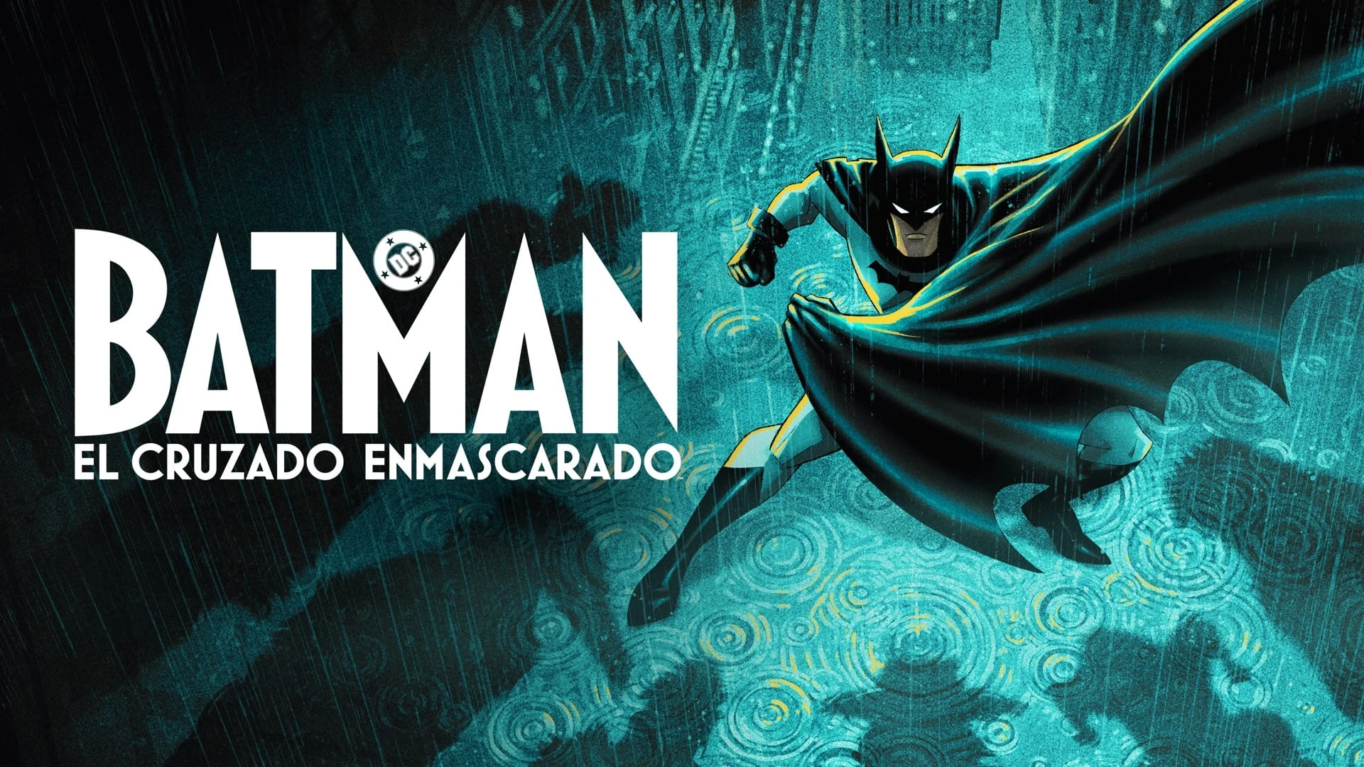 Batman, dibujado con capa negra y trazos turquesa, avanza bajo la lluvia sobre un suelo de charcos; a la izquierda, el título Batman: El cruzado enmascarado en letras blancas