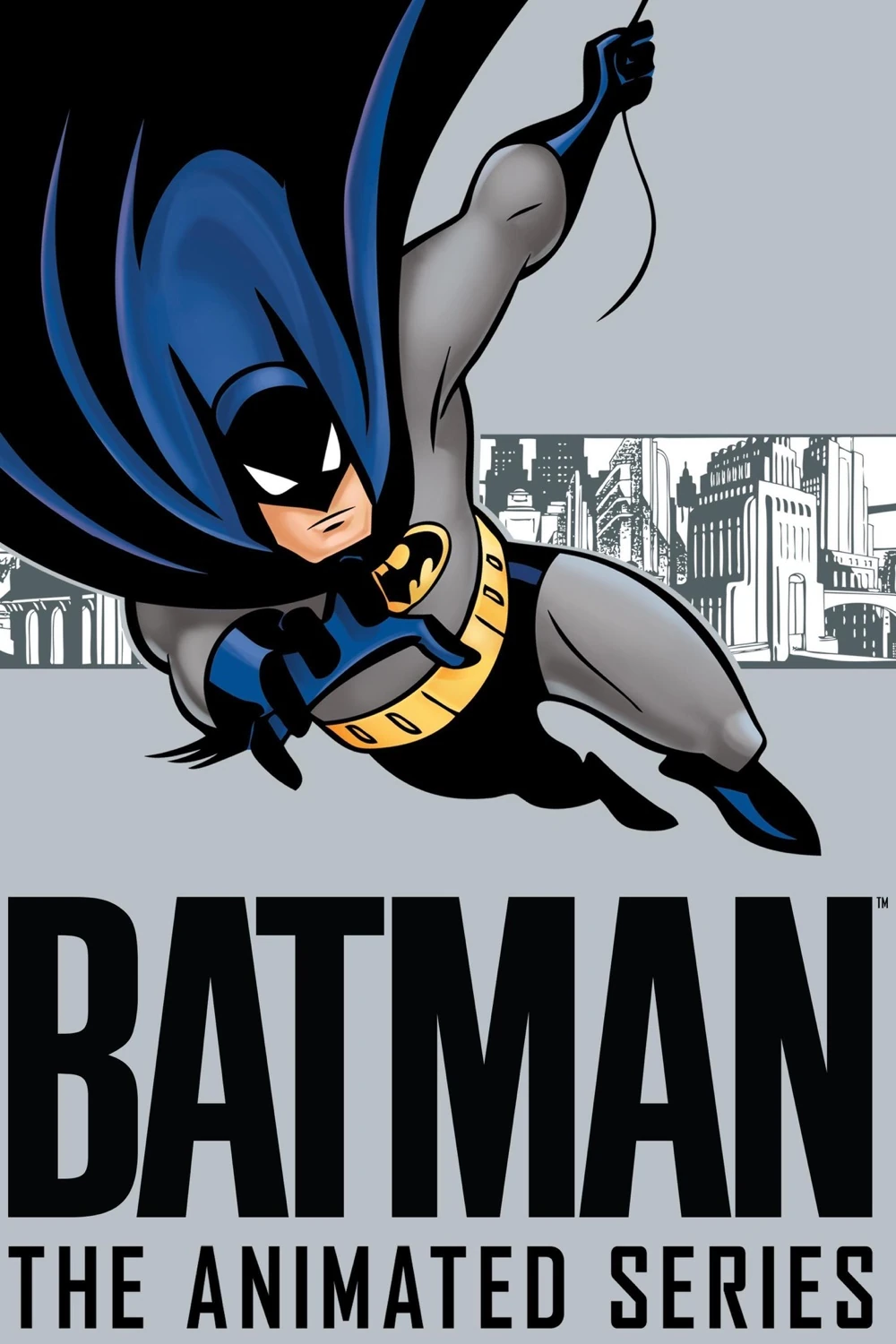 Cartel de Batman: The Animated Series: Batman dibujado con capa azul, colgado de una cuerda sobre una franja de edificios en blanco y negro, encima del título en grandes letras negras